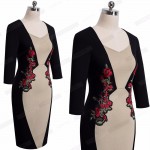 Women Elegant Colorblock Contrast Vintage Classic Embroidery Bodycon Pencil Dress EB359