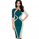 Women Elegant Optical Illusion Colorblock Contrast Patchwork Dress O-Neck Bodycon Casual Office Pencil Slim Dresses Vestidos 177