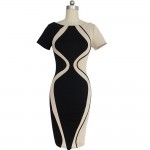 Women Elegant Optical Illusion Colorblock Contrast Patchwork Dress O-Neck Bodycon Casual Office Pencil Slim Dresses Vestidos 177