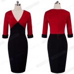 Women Elegant V Neck Colorblock Contrasting Casual Work Business Office Drapped Fitted Bodycon Pencil Dress EB357