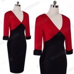 Women Elegant V Neck Colorblock Contrasting Casual Work Business Office Drapped Fitted Bodycon Pencil Dress EB357