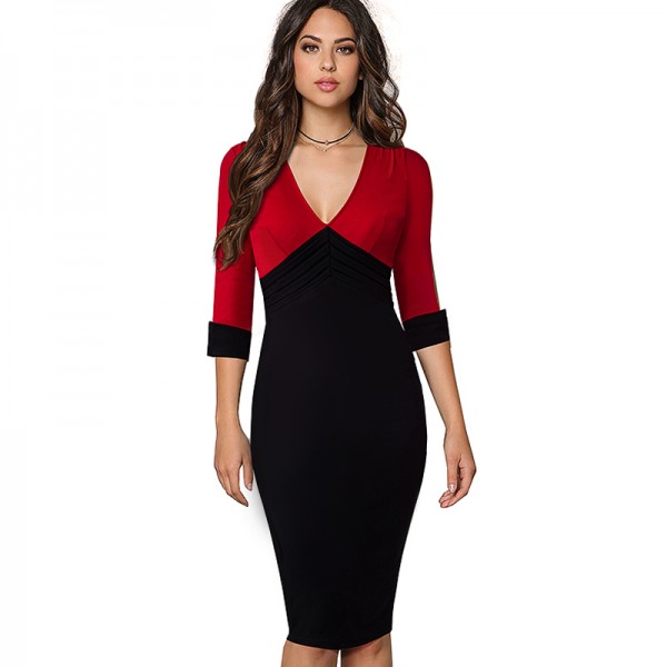 Women Elegant V Neck Colorblock Contrasting Casual Work Business Office Drapped Fitted Bodycon Pencil Dress EB357