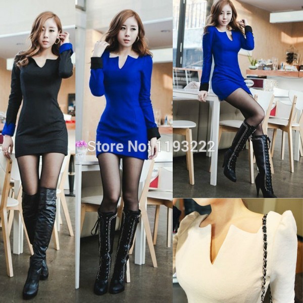 Women Girl Slim Fitted Long Sleeve Puff Sheath V-neck Party Pub Club Mini Short Top Dress