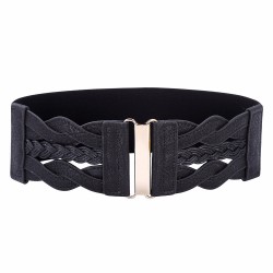 Women Ladies Girls Fashion Wide Braided Polyurethane Leather Black Stretchy Elastic Waist Belt Waistband Elastic Waist Belt
