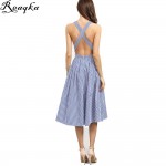 Women New Arrival Sexy Midi Dresses 2016 Summer Blue Striped Square Neck Sleeveless Crisscross Back A Line Dress Beach Wear 