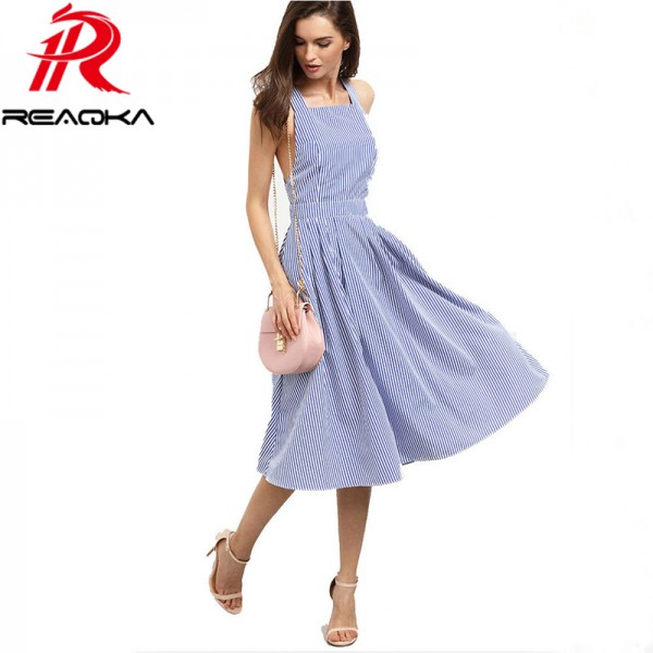 Women New Arrival Sexy Midi Dresses 2016 Summer Blue Striped Square Neck Sleeveless Crisscross Back A Line Dress Beach Wear 