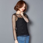 Women O-neck Sexy Transparent Mesh Lace Tee Shirts Girls Full Sleeve Tops Tees Clothing