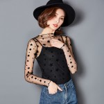 Women O-neck Sexy Transparent Mesh Lace Tee Shirts Girls Full Sleeve Tops Tees Clothing