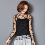Women O-neck Sexy Transparent Mesh Lace Tee Shirts Girls Full Sleeve Tops Tees Clothing