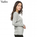 Women O neck Two sides Shirring Casual T-shirt Plus size basic long sleeve tees cozy tops 4 colors ZC002