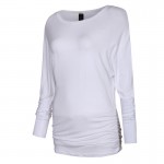 Women O neck Two sides Shirring Casual T-shirt Plus size basic long sleeve tees cozy tops 4 colors ZC002