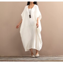 Women Retro Loose Cotton Linen Dress Ladies Solid Color Plus Size Vintage Summer Dress Female Robes Casual Mid Calf Dresses
