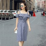 Women Sarafan Off The Shoulder Classic Plaid 50s Preppy Style Swing Summer Dress Cotton Linen 1950s Vintage Dresses