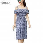 Women Sarafan Off The Shoulder Classic Plaid 50s Preppy Style Swing Summer Dress Cotton Linen 1950s Vintage Dresses