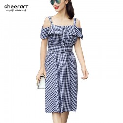 Women Sarafan Off The Shoulder Classic Plaid 50s Preppy Style Swing Summer Dress Cotton Linen 1950s Vintage Dresses