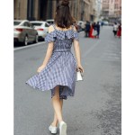 Women Sarafan Off The Shoulder Classic Plaid 50s Preppy Style Swing Summer Dress Cotton Linen 1950s Vintage Dresses