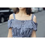 Women Sarafan Off The Shoulder Classic Plaid 50s Preppy Style Swing Summer Dress Cotton Linen 1950s Vintage Dresses