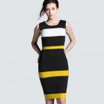 Women Sheath Patchwork Striped Elegant O-Neck Dark Blue Summer Dress Sleeveless Formal Bodycon Knee-Length Office Dress B275