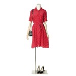 Women Silk dress Luxury 100% Natural silk Red Dots Print dress Belted dress Short sleeved 2017 Spring 