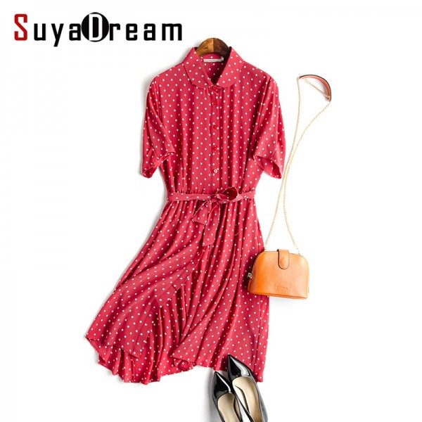 Women Silk dress Luxury 100% Natural silk Red Dots Print dress Belted dress Short sleeved 2017 Spring 