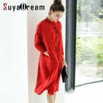 Women Silk dress Luxury 100% Natural silk Red Solid Chiffon Loose dress 3/4 sleeved 2017 Summer Vestides
