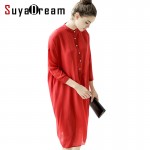 Women Silk dress Luxury 100% Natural silk Red Solid Chiffon Loose dress 3/4 sleeved 2017 Summer Vestides