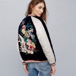 Women Silky & Velvet Spliced Bomber Jacket Floral Embroidered Bomber Jackets Contrast color Coat Pilots Outerwear