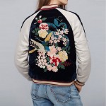 Women Silky & Velvet Spliced Bomber Jacket Floral Embroidered Bomber Jackets Contrast color Coat Pilots Outerwear