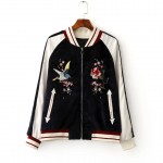 Women Silky & Velvet Spliced Bomber Jacket Floral Embroidered Bomber Jackets Contrast color Coat Pilots Outerwear