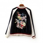 Women Silky & Velvet Spliced Bomber Jacket Floral Embroidered Bomber Jackets Contrast color Coat Pilots Outerwear