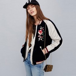 Women Silky & Velvet Spliced Bomber Jacket Floral Embroidered Bomber Jackets Contrast color Coat Pilots Outerwear
