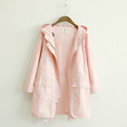 Women Simple Solid color Autumn Mori Girl Trench Coat Ladies Waisted Zipper Hooded Pockets Coat Outwear Female Overcoats