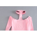 Women Slash Neck Off Shoulder Cotton Halter Choker Neckline long-sleeve Choker classic crop Top