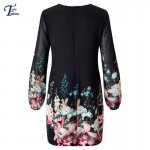 Women Spring Style 2016 Newest Shift Dresses Beautiful Black Long Sleeve Floral Print Round Neck Chiffon Short Dress