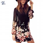 Women Spring Style 2016 Newest Shift Dresses Beautiful Black Long Sleeve Floral Print Round Neck Chiffon Short Dress