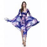 Women Summer Autumn Bohemian Floral Print Blue Chiffon Beach Dress Long Robe Maxi Plus Size Dress longue femme Vestidos