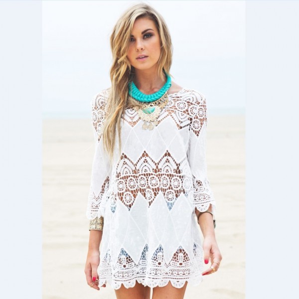 Women Summer Beach Wear Crochet Tunics Dresses Half Sleeve 2016 New Flower Embroidery Boho Lace Shirt Hollow Out Cover Ups