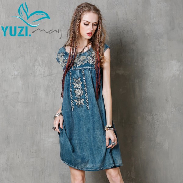 Women Summer Dress 2017 Yuzi.may Boho New Denim Vestidos O-Neck A-line Embroidery Loose High Waist  Thin Sundresses  A8137
