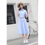 Women Summer Dress 2018 Casual Long Shirt Dress Short Sleeve Tied Waisted Pleated Elegant Office Dresses Vestidos Robe Femme