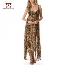 Women Summer Dress Bohemian Style Sexy Dress Strapless Backless Asymmetry Chiffon Leopard Beach Long Dress Casual Dress NC-245
