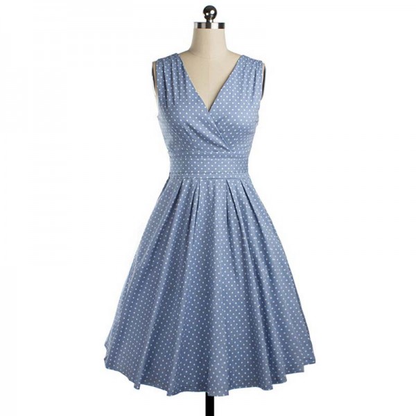 Women Summer Dress Bow V Neck Dress Vintage Retro Robe Vestidos Pin up Swing Polka Dots Rockabilly Sleeveless Pleated Dresses