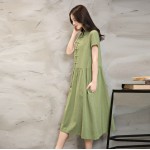 Women Summer Dress Green Yellow Black V Neck Cotton Linen Dress Casual Loose Short Sleeve Dress Size M-2XL