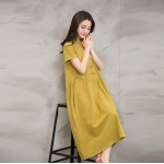 Women Summer Dress Green Yellow Black V Neck Cotton Linen Dress Casual Loose Short Sleeve Dress Size M-2XL