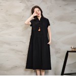 Women Summer Dress Green Yellow Black V Neck Cotton Linen Dress Casual Loose Short Sleeve Dress Size M-2XL
