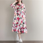 Women Summer Dress Long Sleeve Sundress with Bow Casual Plus Size A Line Loose Vintage Dress Mori Gril Cotton Floral Beach Dress