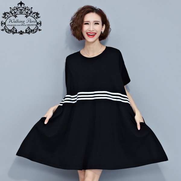 Women Summer Dress Plus Size Cotton Casual Tops&Tees Black and White Striped Female Loose Fashion Elegant Basic New Dresses