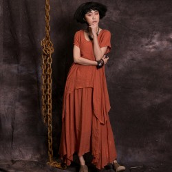 Women Summer Dress Solid Color Short Sleeve Cotton Linen Dress O Neck Loose Vintage Oversize Maxi Dress Casual Women Long Dress