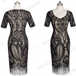 Women Summer Vintage Elagant Ladylike Fringe Tassel Hemline Graphic Flower Lace Pattern Short Sleeve Sheath Bodycon Dress EB337