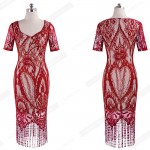 Women Summer Vintage Elagant Ladylike Fringe Tassel Hemline Graphic Flower Lace Pattern Short Sleeve Sheath Bodycon Dress EB337