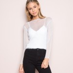 Women Super Sheer Mesh Glitter Tops Ruffled Trimmings Long Sleeve Crop Tops RENE GLITTER Crop T-shirts